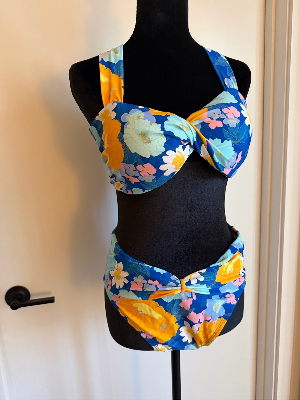 Cupshe Blue Floral Twist-Front Bikini with Yellow Accents